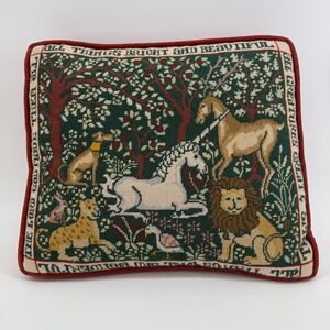 Vintage Hand-Stitched Needlepoint Pillow 14.5x12.5 Unicorn Lion Tapestry